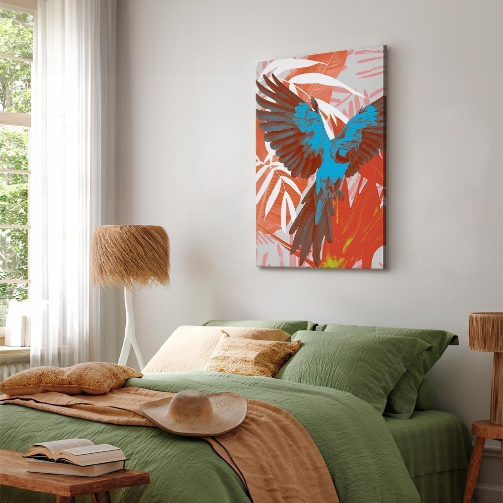 Leinwandbild - Exotic Wings - Parrot Among Abstract Leaf Patterns