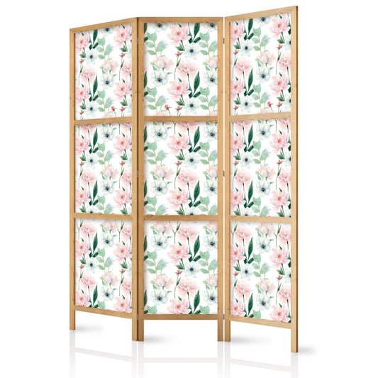Japanischer Paravent - Peonies - Pink and White Flowers and Green Leaves on a White Background Artgeist