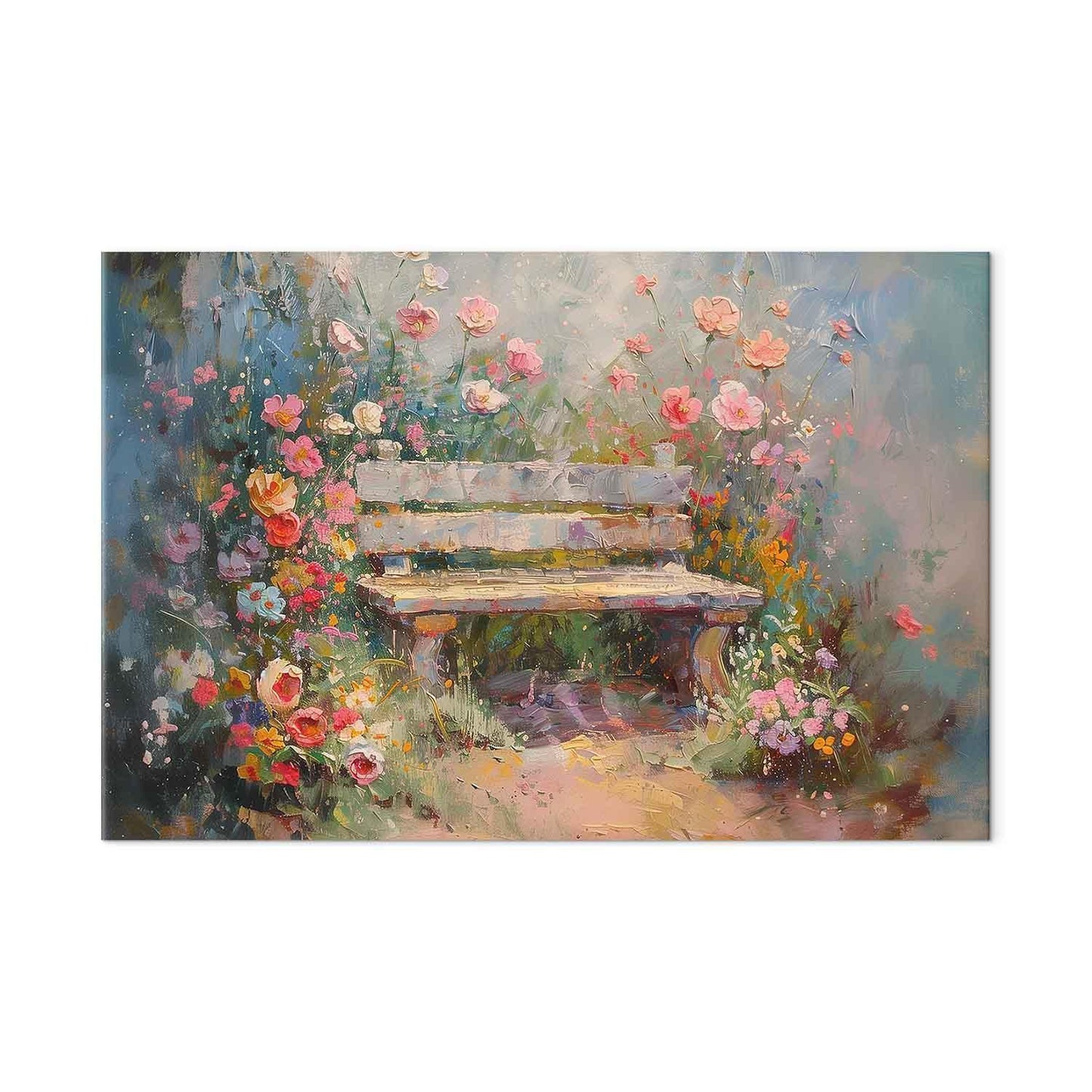 Wandbild XXL - Flowery bench - impressionist painting full of flowers