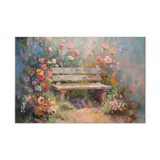 Wandbild XXL - Flowery bench - impressionist painting full of flowers