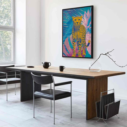 Leinwandbild - Exotic Leopard - Colorful Portrait of a Cheetah Against Tropical Leaves