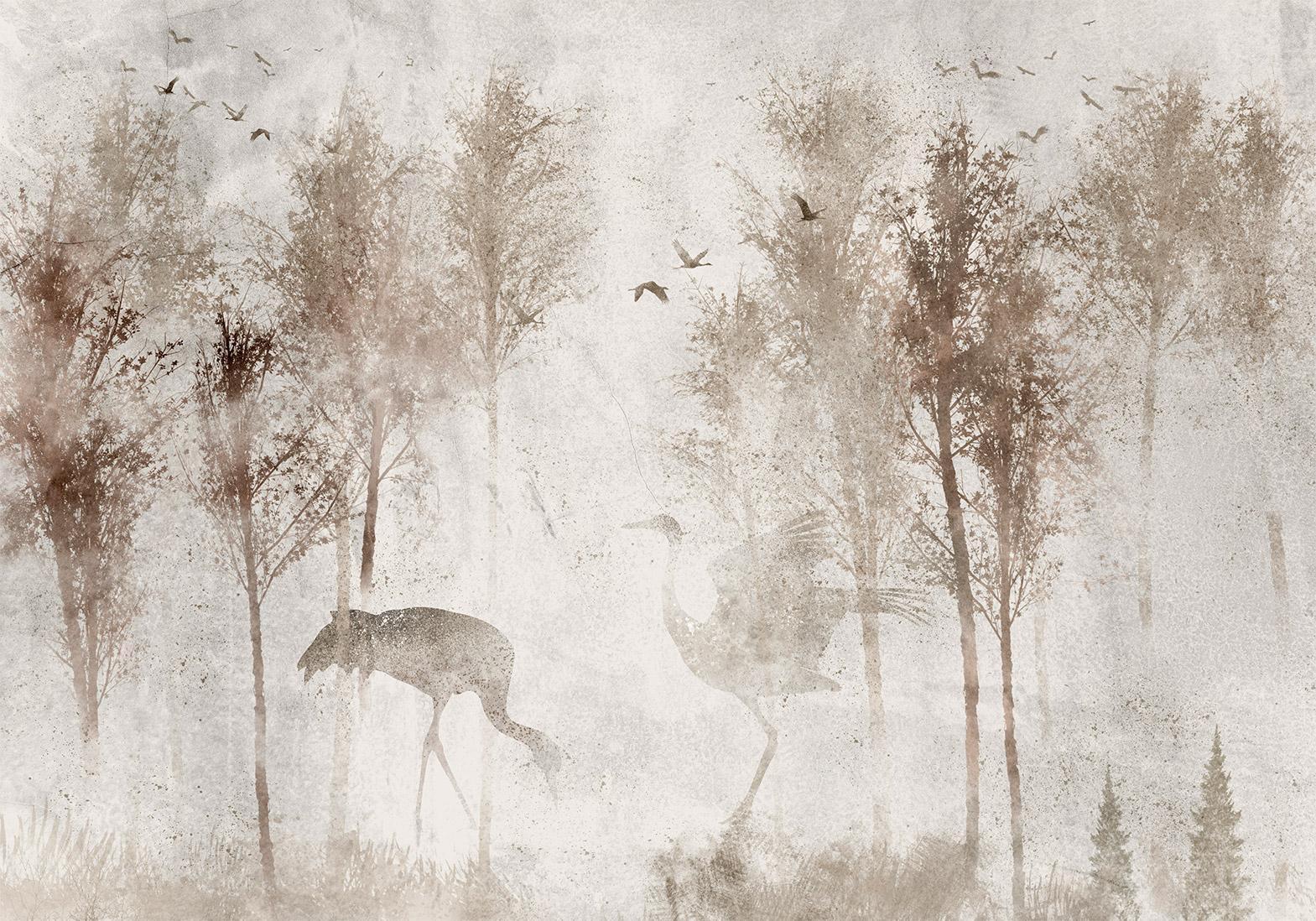 Fototapete - Among the trees - landscape in grey tones in fog in a clearing with birds Artgeist