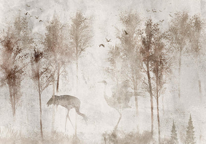 Fototapete - Among the trees - landscape in grey tones in fog in a clearing with birds Artgeist