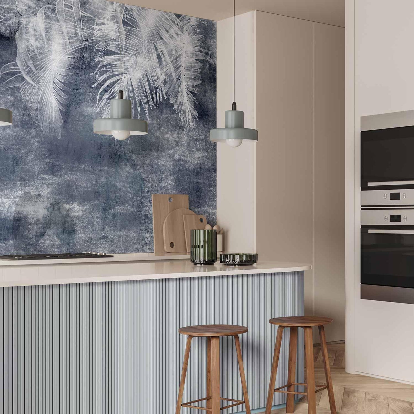 Fototapete - Abstraction with nature - exotic leaves on a blue background with pattern