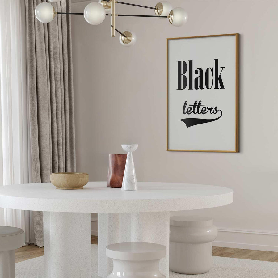 Poster - Black Letters in a modern interior with minimalist decor and gold frame.