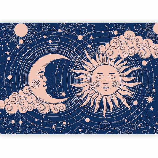 Fototapete - Cosmic Harmony - Illustration of the Sun and Moon on a Navy Background
