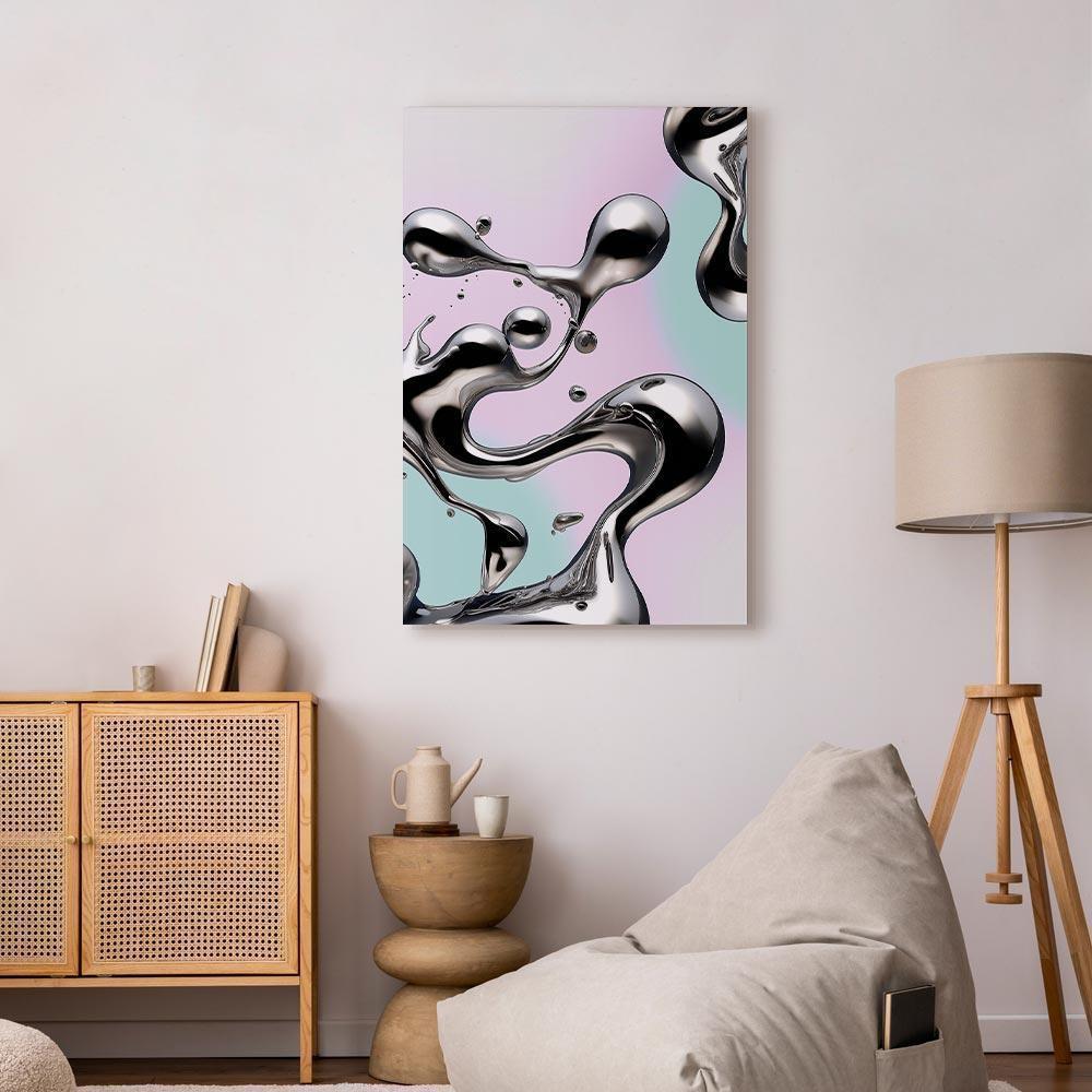 Leinwandbild - Metallic Fluidity - Abstract Silver Forms on a Mint-Purple Background