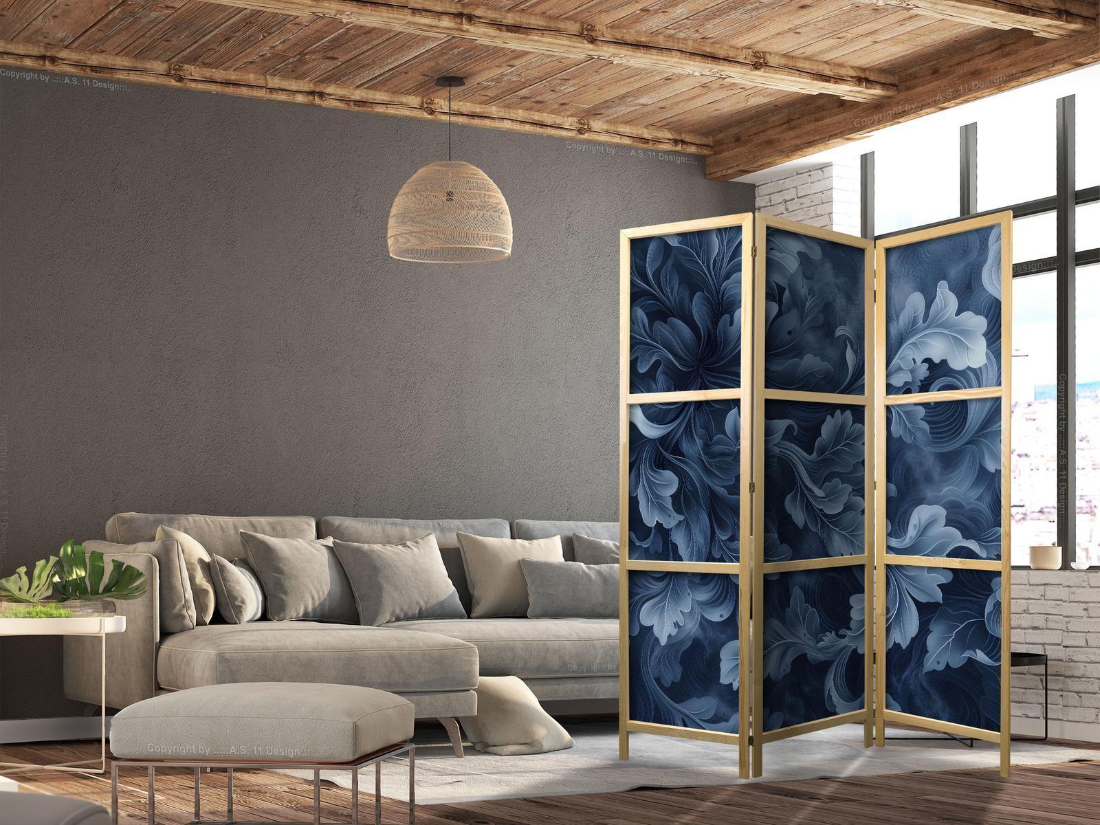 Japanischer Paravent - Abstract Ornaments - Dark Blue Victorian Leaves Artgeist