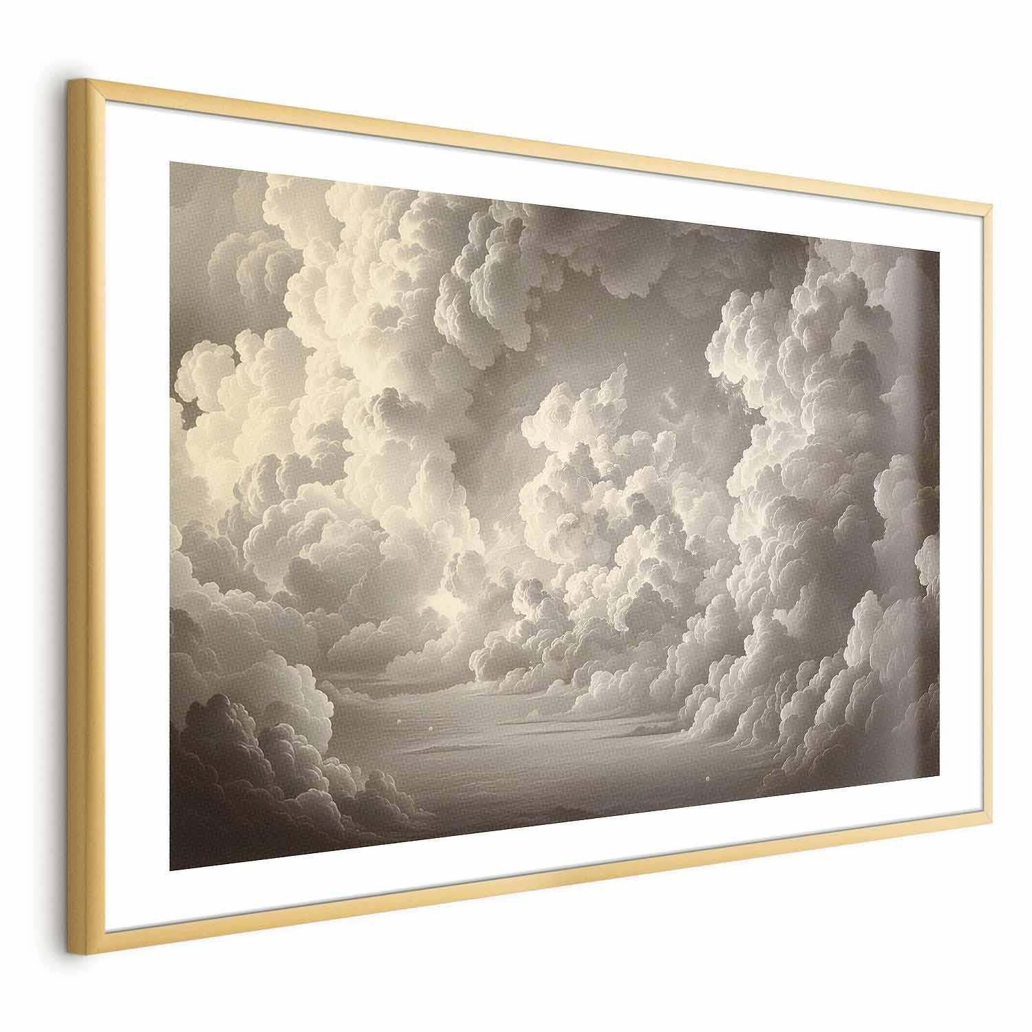 Elegant framed poster featuring illuminated clouds in soft light, enhancing any room's decor.