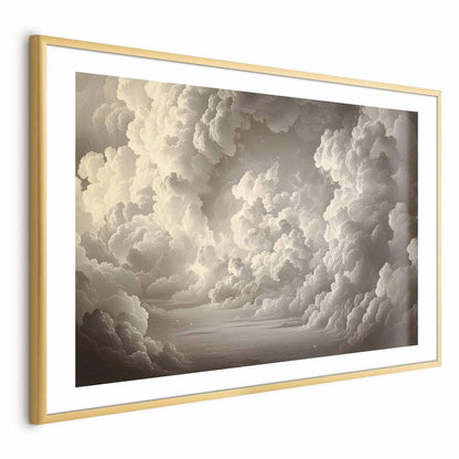 Elegant framed poster featuring illuminated clouds in soft light, enhancing any room's decor.