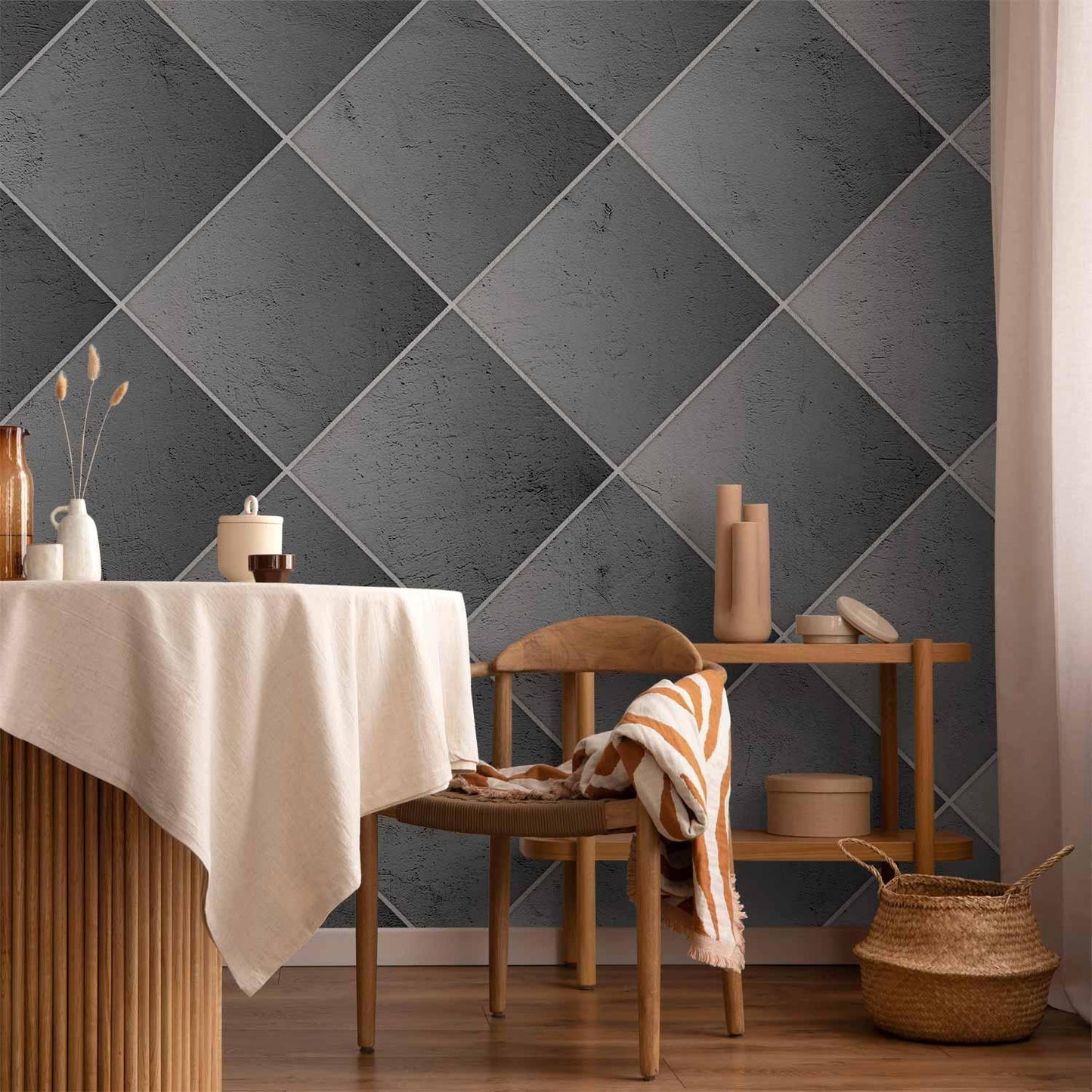 Fototapete - Grey symmetry - geometric concrete pattern with white joints Artgeist