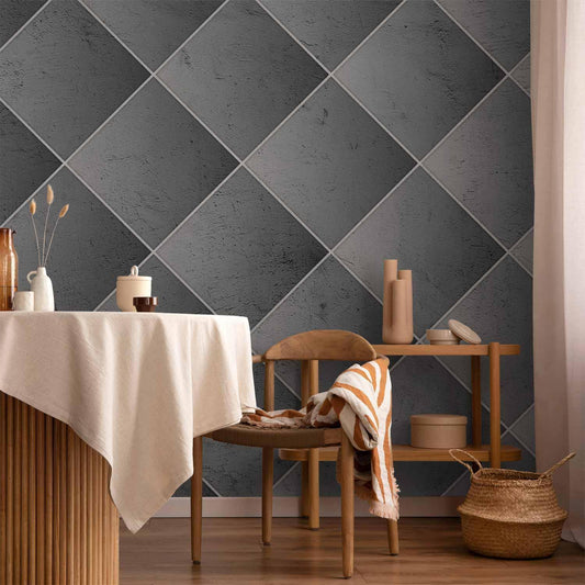 Fototapete - Grey symmetry - geometric concrete pattern with white joints Artgeist