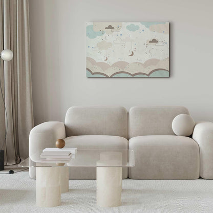 Leinwandbild - Cloudy Night Sky - Moons in Brown and Beige Hues Among Clouds and Numerous Little Stars on a Light Background