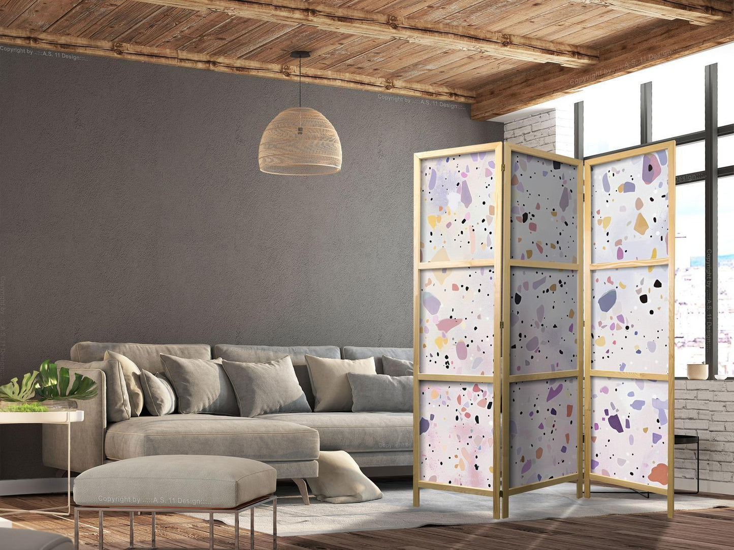 Japanischer Paravent - Confetti-Style Terrazzo - Purple-Pink - Colorful Pattern Artgeist