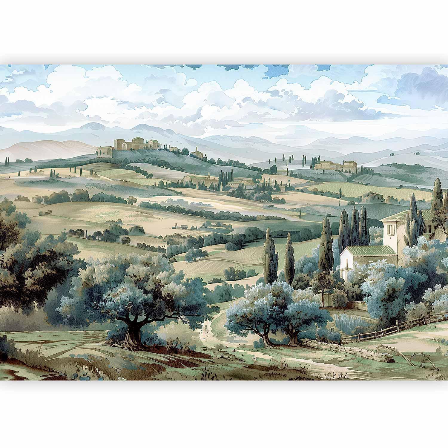 Fototapete - Landscape with Green Fields and Trees Tuscan Sunny View Artgeist