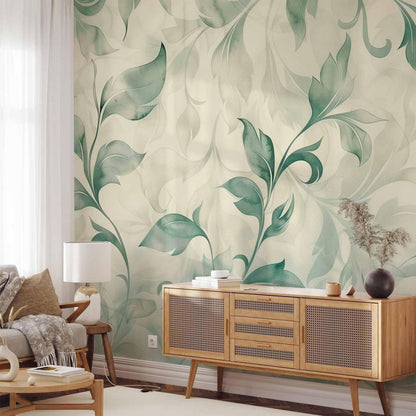 Fototapete - Watercolor Botanical Motif Delicate Green-Beige Leaves