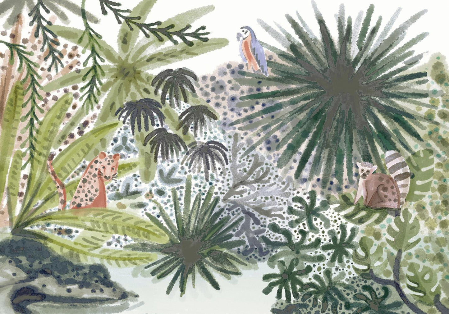 Fototapete - Flora von Madagaskar - Tropische Landschaft mit exotischen Aquarell-Tieren