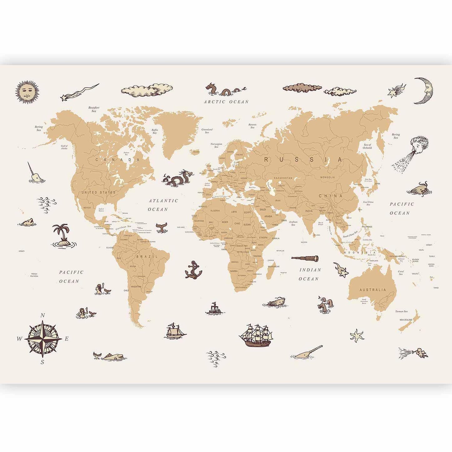 Fototapete - Sea Wolf Map - Countries With Pirate Illustrations