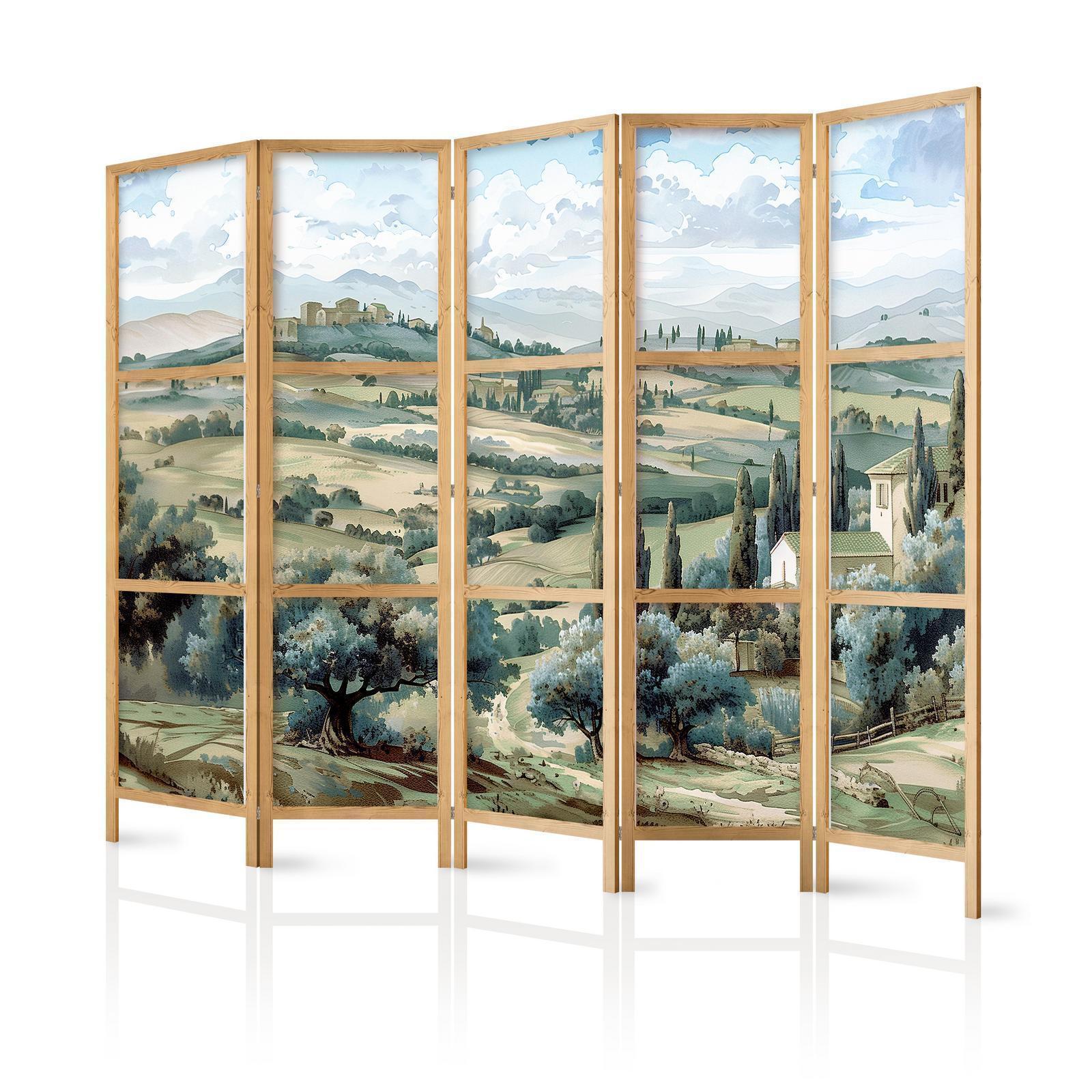 Japanischer Paravent - Landscape with Green Fields and Trees - Tuscan sunny view Artgeist