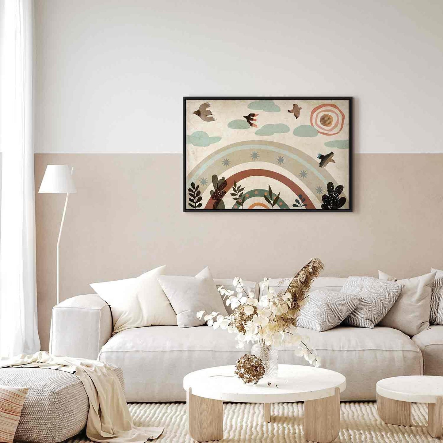 Leinwandbild - Rainbow and Sun Above - Birds in Subdued Colors Flying Among Clouds Above a Rainbow and Various Plants on a Light Background