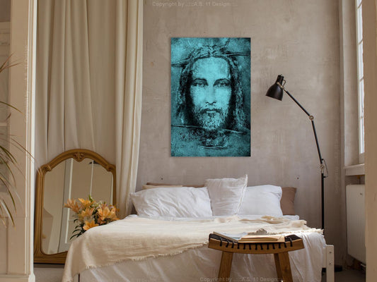 Leinwandbild - Shroud of Turin in Turqoise (1 Part) Vertical Artgeist
