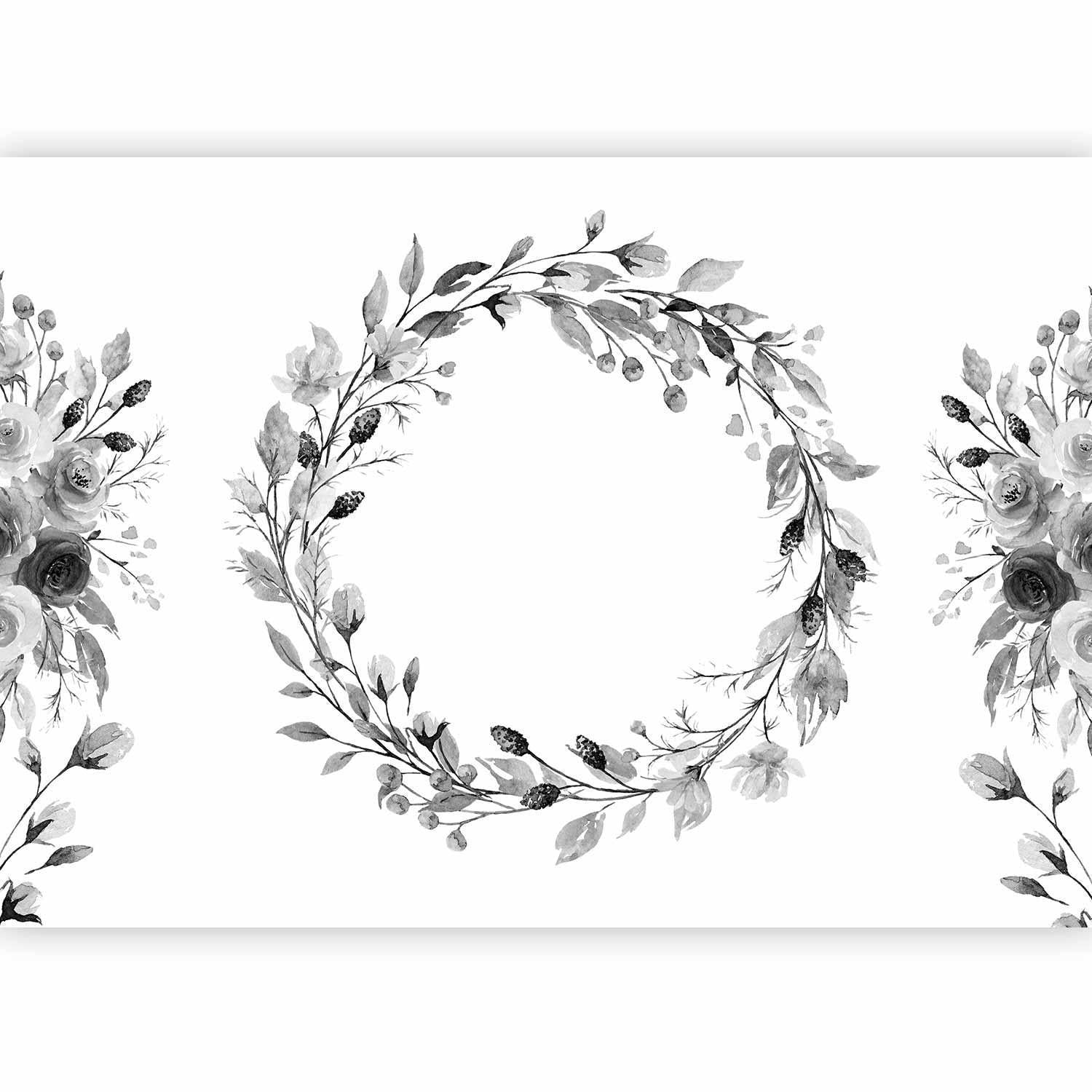 Fototapete - Romantic wreath - grey plant motif with leaves with rose pattern Artgeist