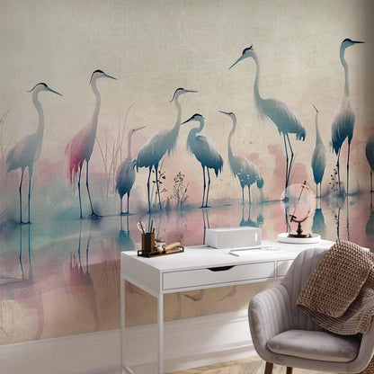 Fototapete - Birds by the lake - herons painted in watercolour in delicate grey and pink colours