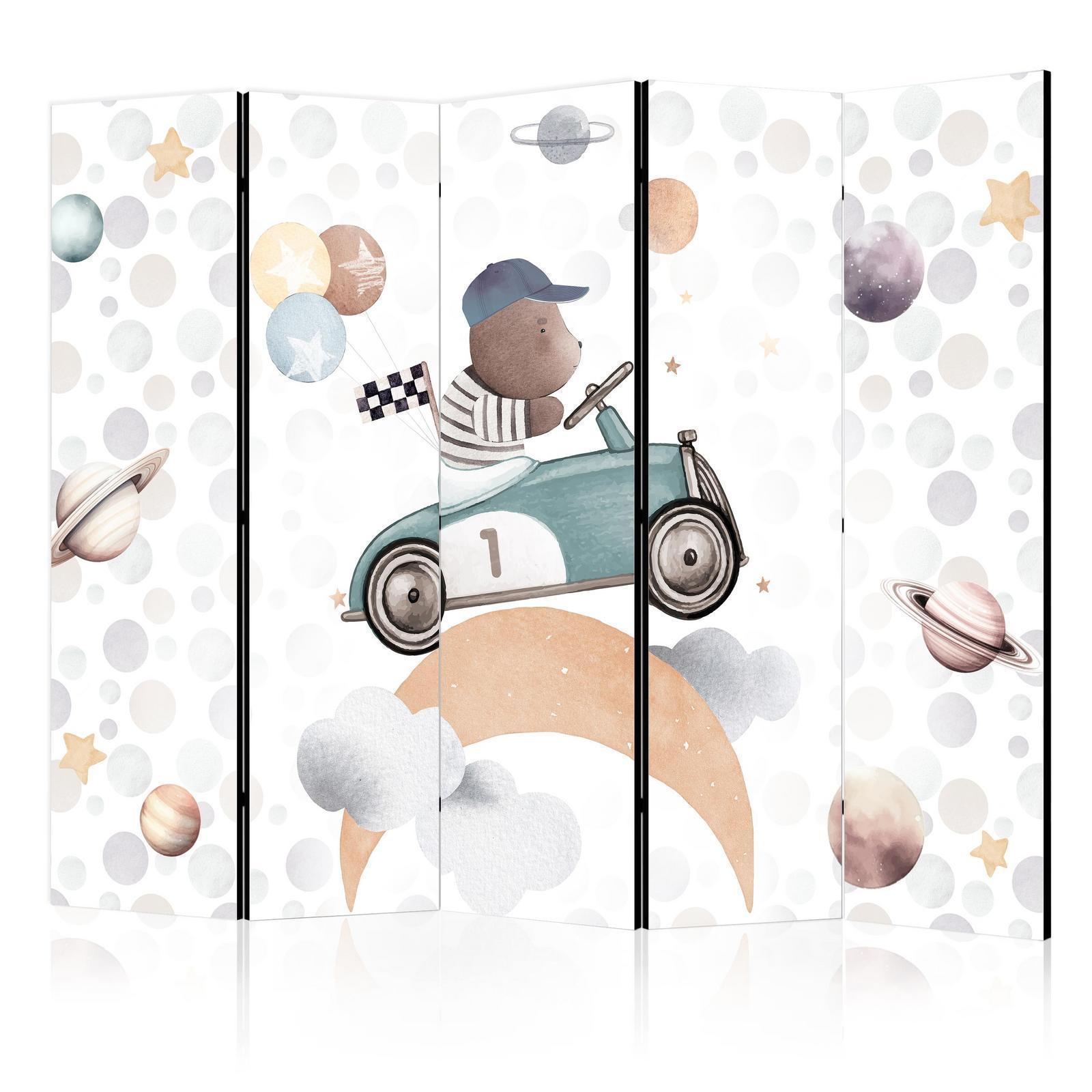 Paravent - Galactic Races - Bear Participating in Car Races Among Planets - Clouds - and Stars in Pastel Hues Artgeist