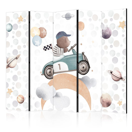 Paravent - Galactic Races - Bear Participating in Car Races Among Planets - Clouds - and Stars in Pastel Hues Artgeist
