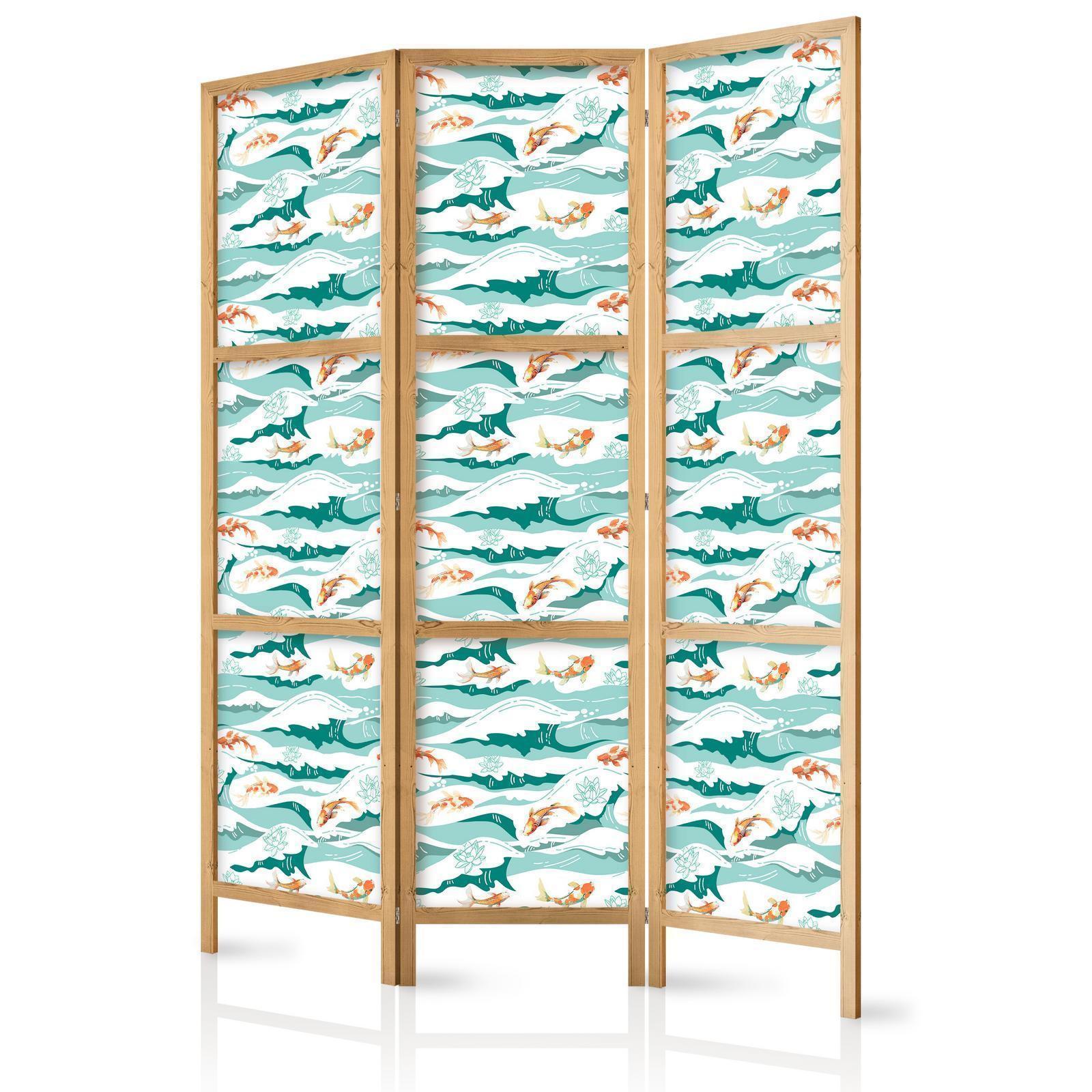 Japanischer Paravent - Fish Jumping Over Waves - Oriental Fish and Water Lilies Among High Waves in Shades of Sea Green Artgeist