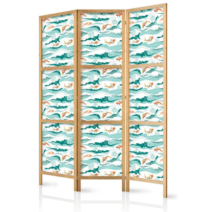 Japanischer Paravent - Fish Jumping Over Waves - Oriental Fish and Water Lilies Among High Waves in Shades of Sea Green Artgeist