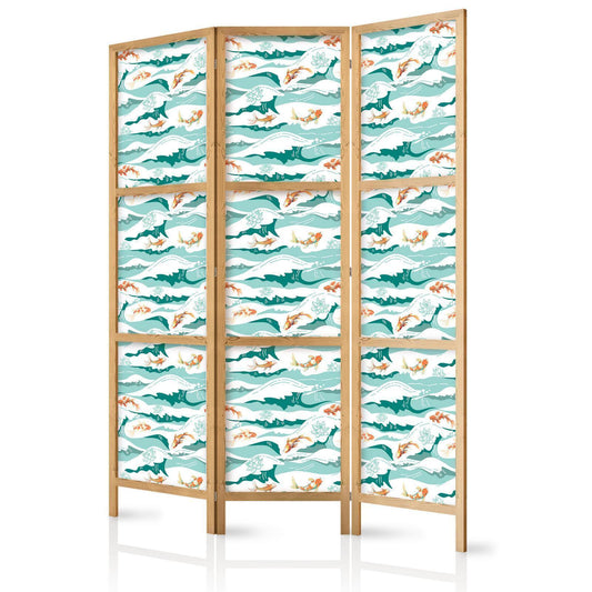 Japanischer Paravent - Fish Jumping Over Waves - Oriental Fish and Water Lilies Among High Waves in Shades of Sea Green Artgeist