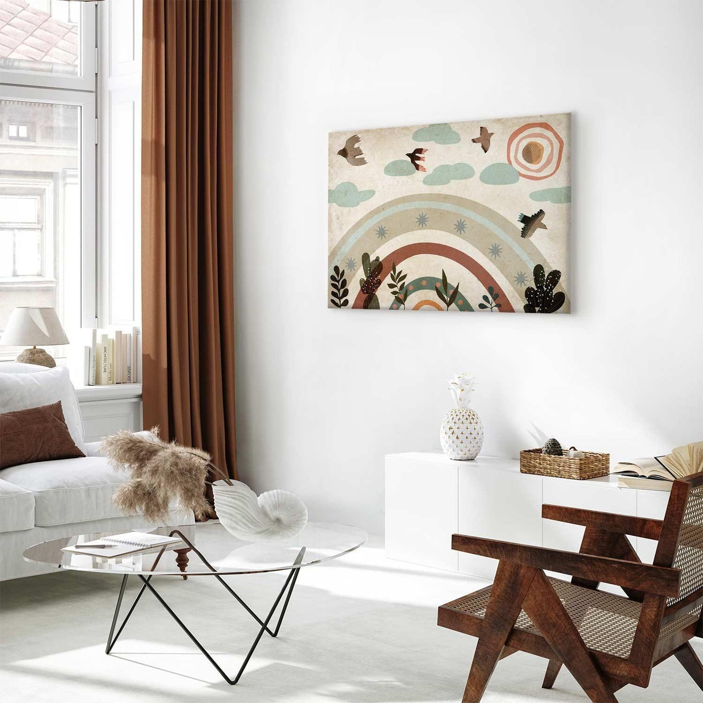 Leinwandbild - Rainbow and Sun Above - Birds in Subdued Colors Flying Among Clouds Above a Rainbow and Various Plants on a Light Background