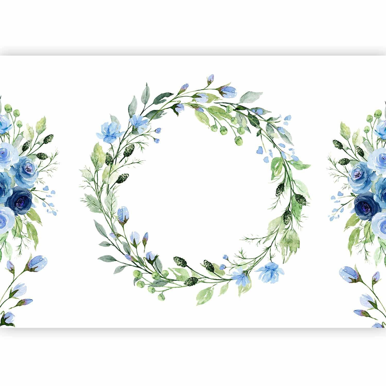 Fototapete - Romantic wreath - plant motif with blue flowers and leaves Artgeist