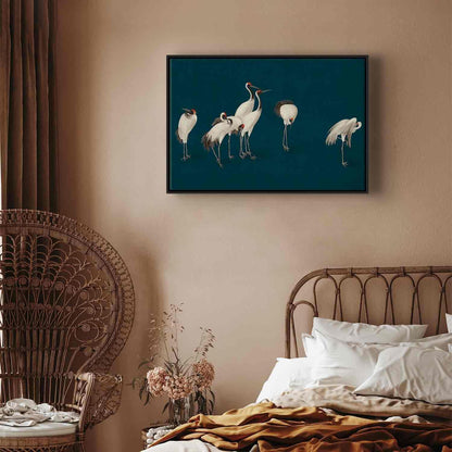 Leinwandbild - Evening by the pond - a group of cranes drawn in dry pastel on a dark turquoise background