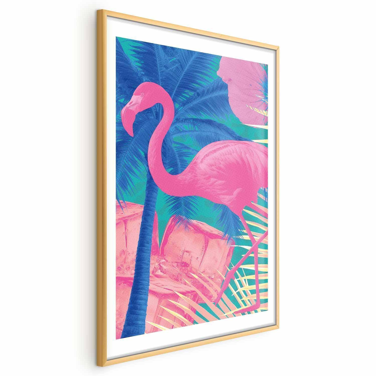 Poster - Pink Flamingo - abstract flamingo against a background of palm trees and ice cubes Artgeist