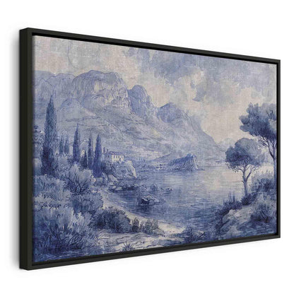 Leinwandbild - Blue Bay - Italian landscape of Lake Como painted with blue ink