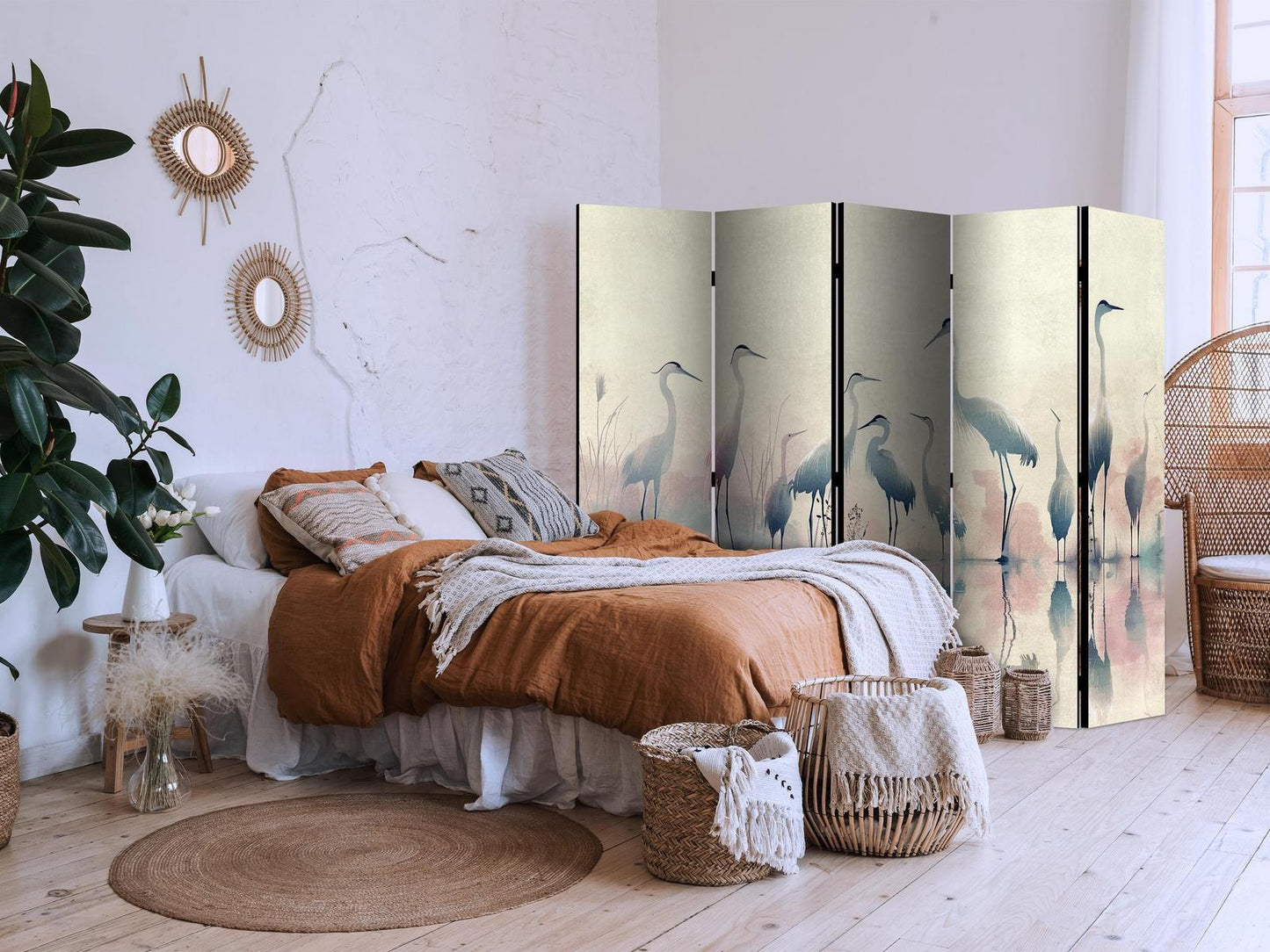 Paravent - Birds by the lake - herons painted in watercolours in delicate grey and pink colours