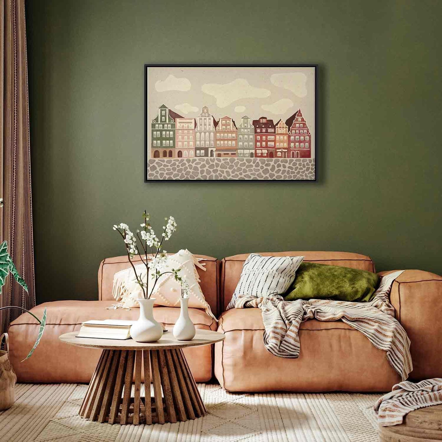 Leinwandbild - Salt Square - Colorful Illustrated Townhouses Against a Cloudy Sky Background