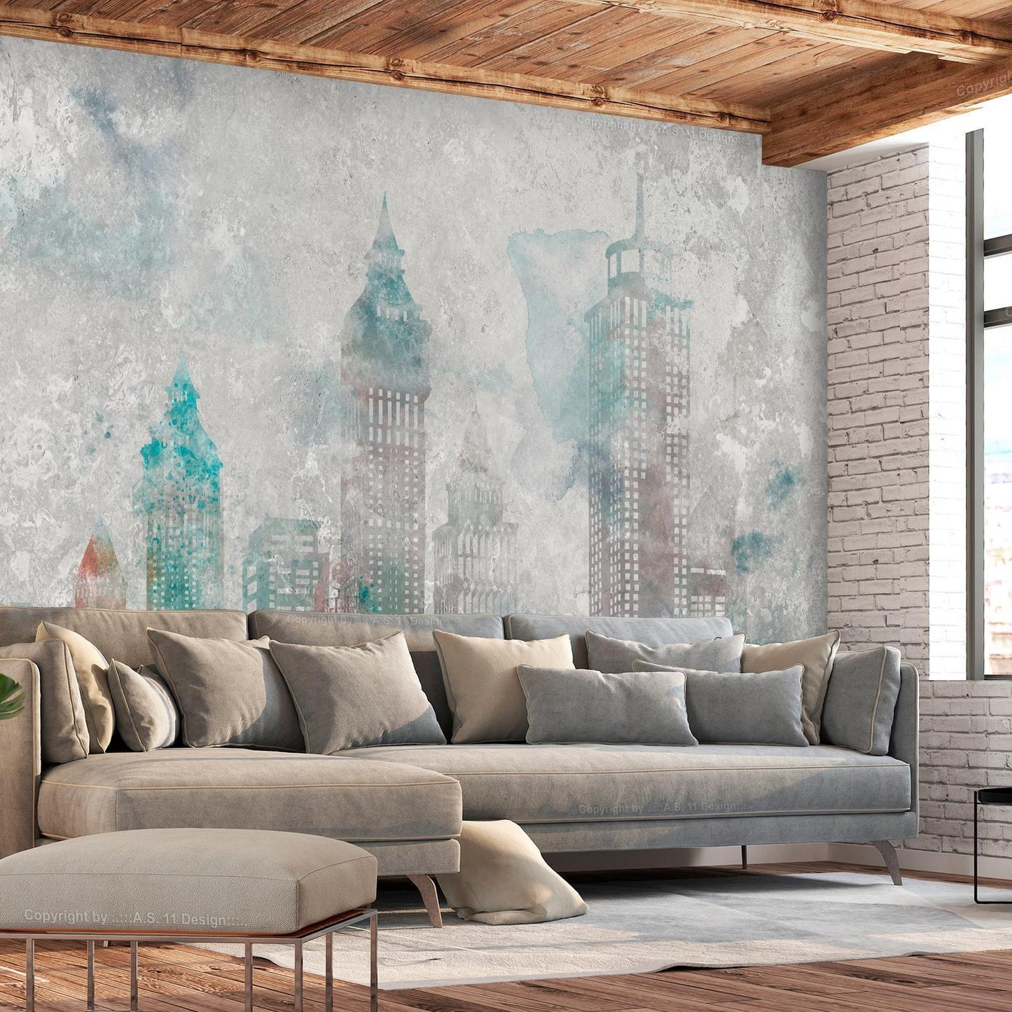Fototapete Aquarell Stadt – Moderne Skyline in Pastell