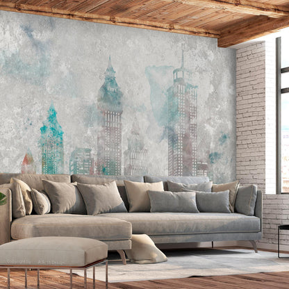 Fototapete Aquarell Stadt – Moderne Skyline in Pastell