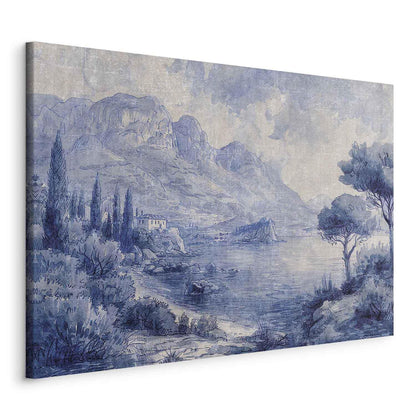 Leinwandbild - Blue Bay - Italian landscape of Lake Como painted with blue ink