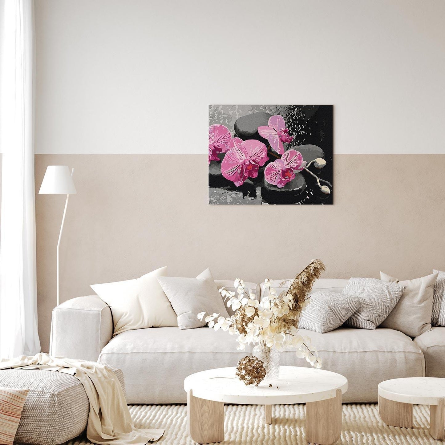 Malen nach Zahlen - Orchid With Zen Stones (Black Background)