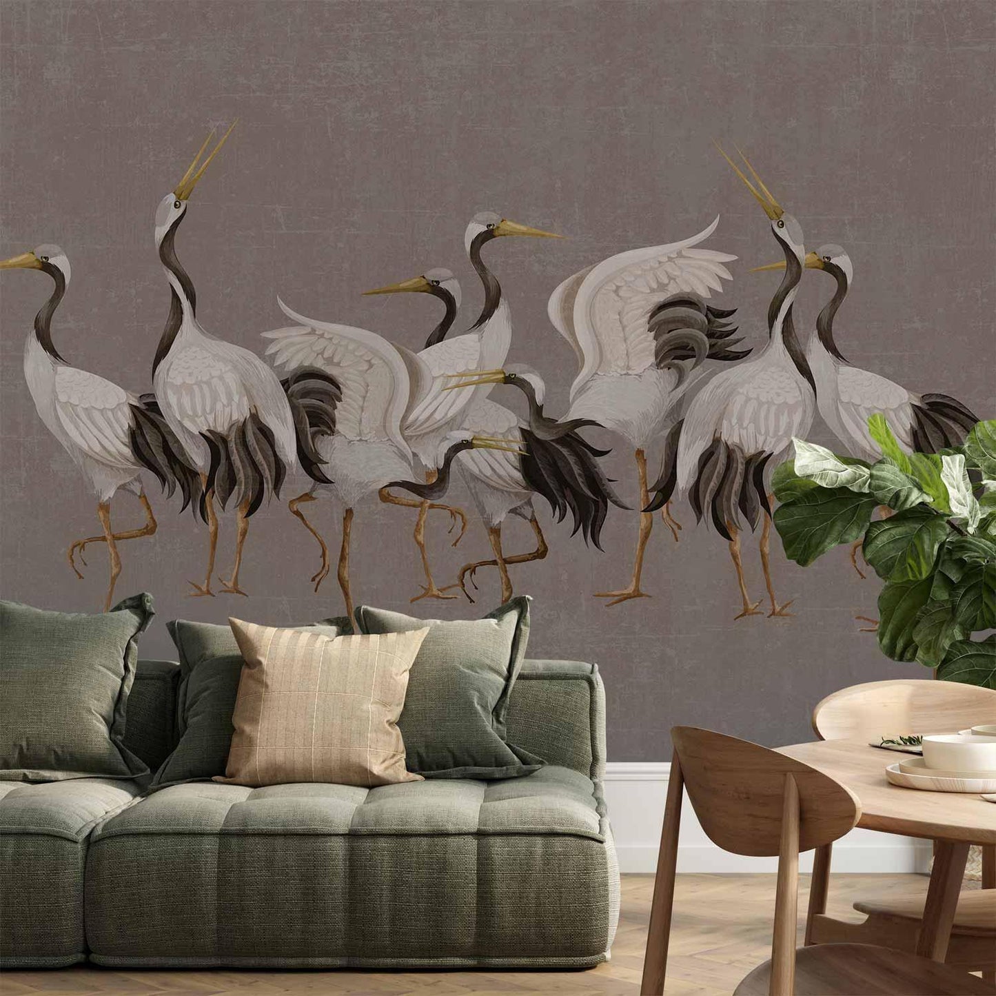Fototapete - Crane dance – bright silhouettes of birds against a warm grey background with texture