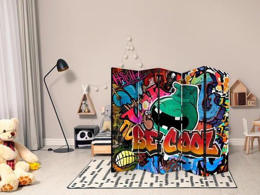 Colorful graffiti room divider "Paravent - Be Cool II" in modern kid's room decor.
