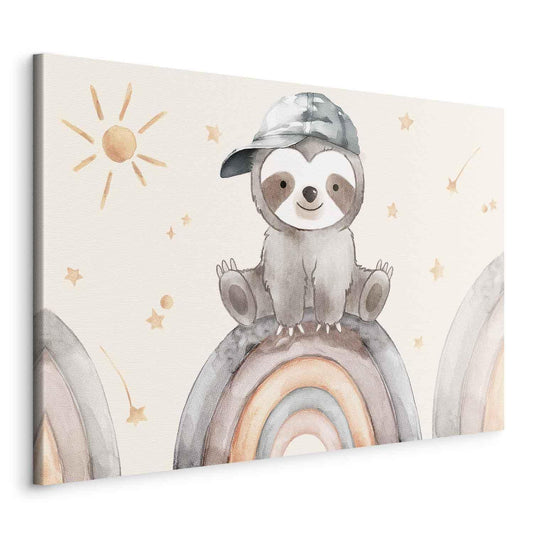 Leinwandbild - Happy Sloth - Sloth in Subdued Colors Wearing a Cap Sitting on a Rainbow Among Little Stars Artgeist