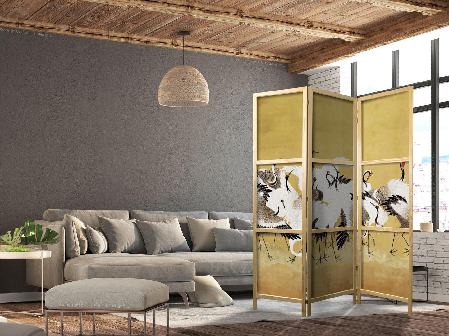 Japanischer Paravent - Japanese cranes - a flock of birds against a golden background based on a painting by Ishida Yūtei