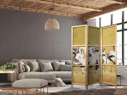 Japanischer Paravent - Japanese cranes - a flock of birds against a golden background based on a painting by Ishida Yūtei