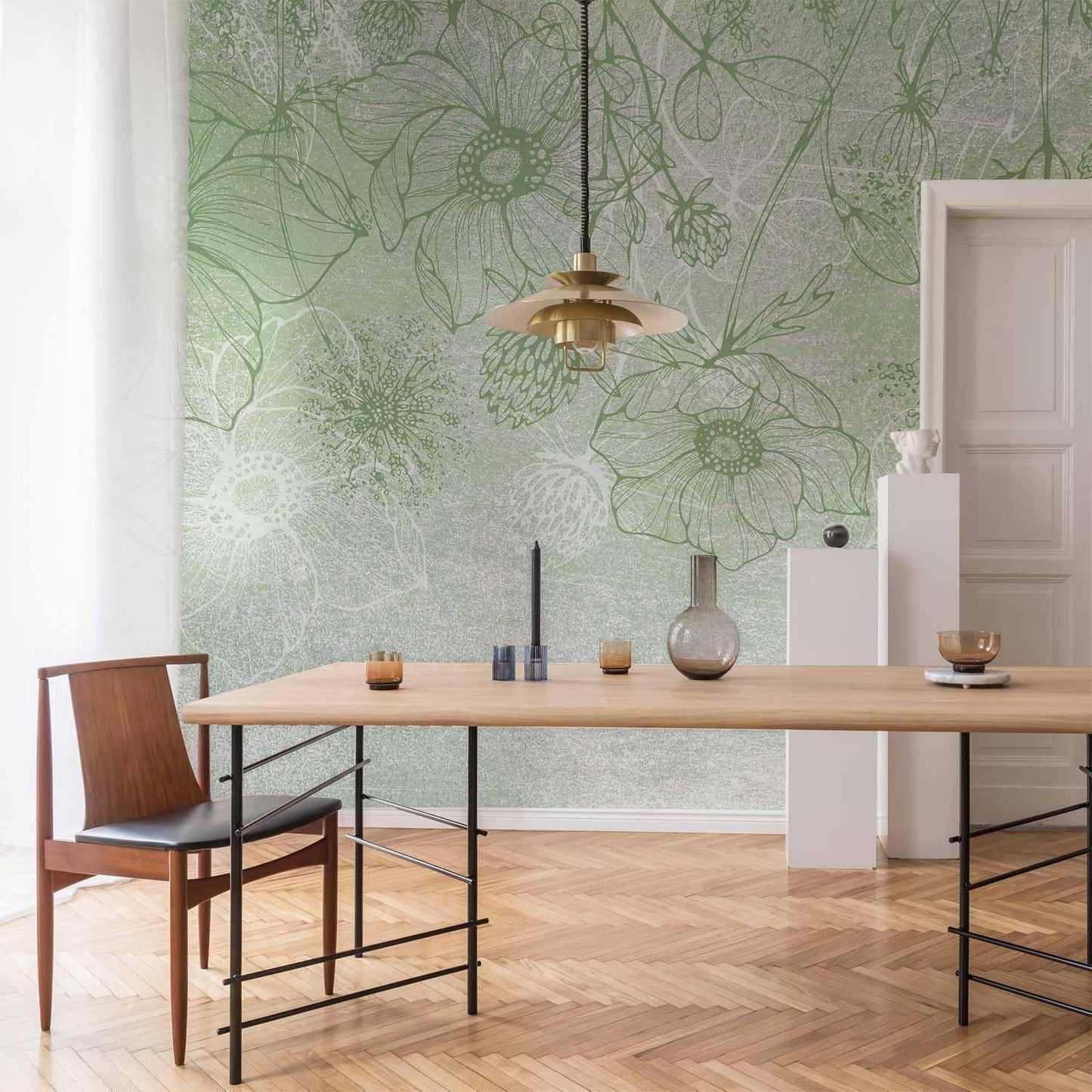 Fototapete - Flowery meadow - nature with field flowers lineart on green background