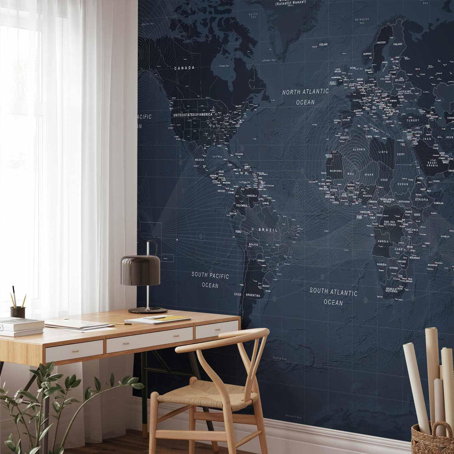 Fototapete - World map in blue - continents with inscriptions in English Artgeist